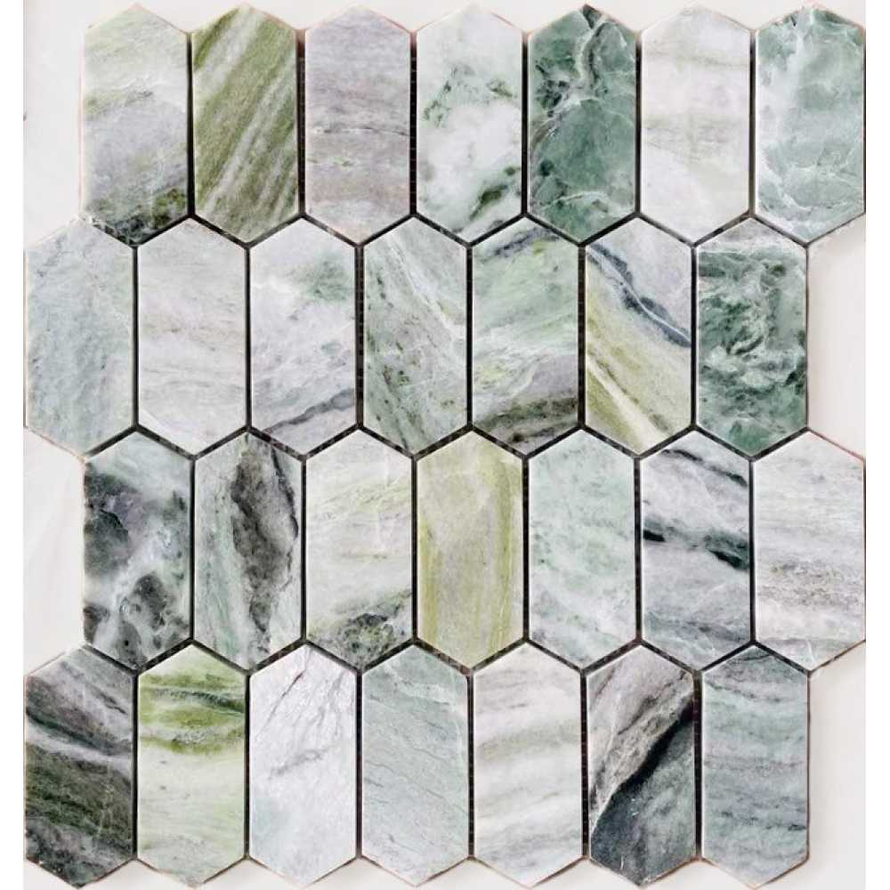 Фото Мозаика из натурального камня Caramelle Pietrine Hexagonal Onice Verde oliva POL long hex 86х38 (278х304х7 мм)